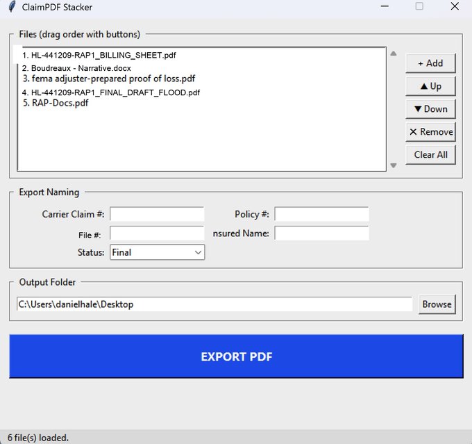 ClaimPDF Stacker — ordering documents into one packet before export
