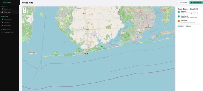 RouteBook route map — optimized synthetic route along the Gulf Coast